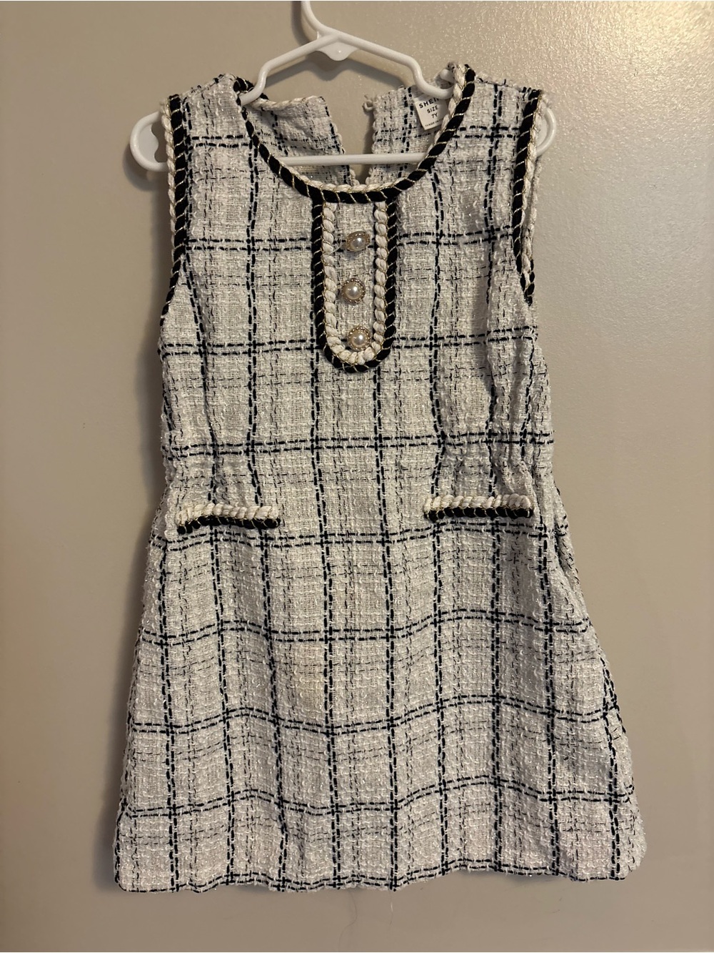 White and Black Windowpane Tweed Dress with Braided Trim
